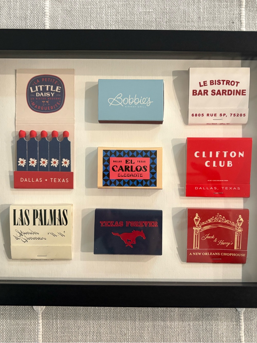 Dallas Texas Framed Modern Matchbook Collection Wall Art - Black Frame